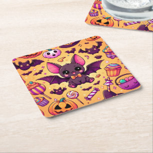 Cute kawaii bat candy halloween square paper coaster