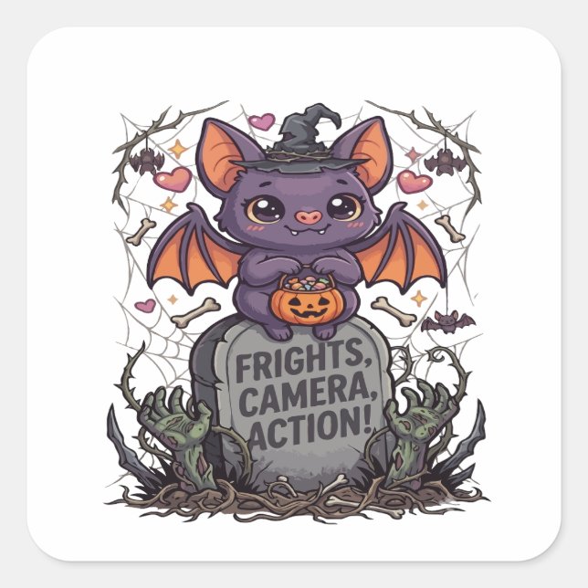 Cute Kawaii Bat Halloween Square Sticker (Front)