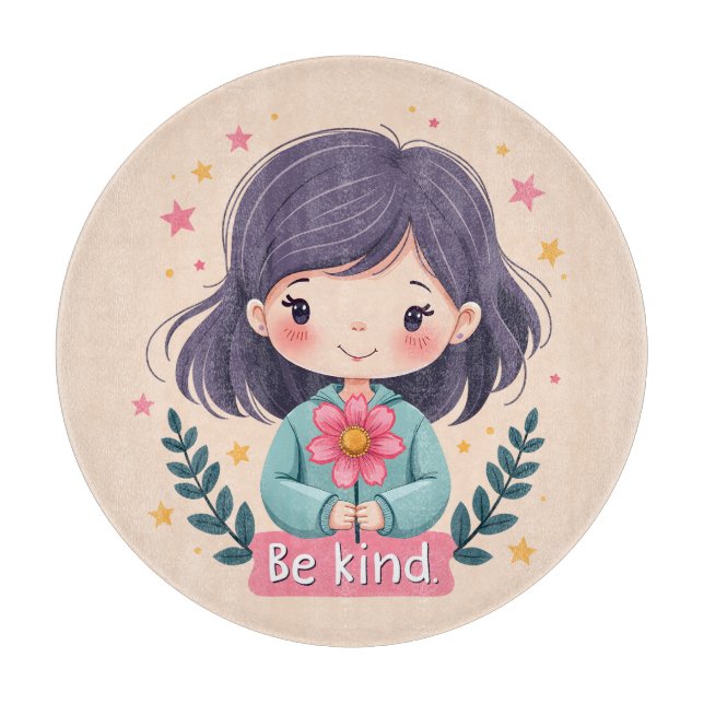 Cute Kawaii "Be Kind" Illustration Cutting Board (Front)