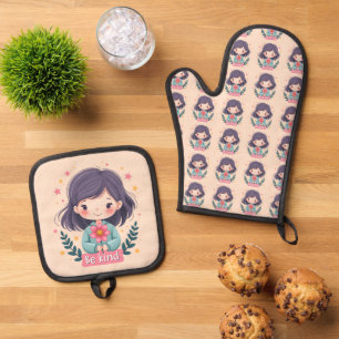 Cute Kawaii "Be Kind" Illustration Oven Mitt & Pot Holder Set