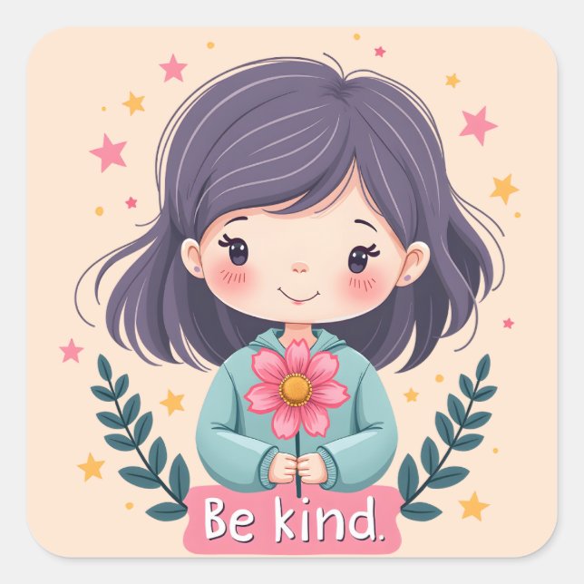 Cute Kawaii "Be Kind" Illustration Square Sticker (Front)