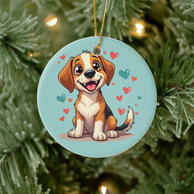 Cute Kawaii Beagle with Hearts Playful Dog Art Ceramic Ornament (Tree)