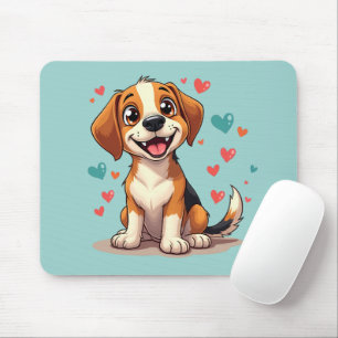 Cute Kawaii Beagle with Hearts Playful Dog Art Mouse Pad