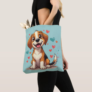 Cute Kawaii Beagle with Hearts Playful Dog Art Tote Bag
