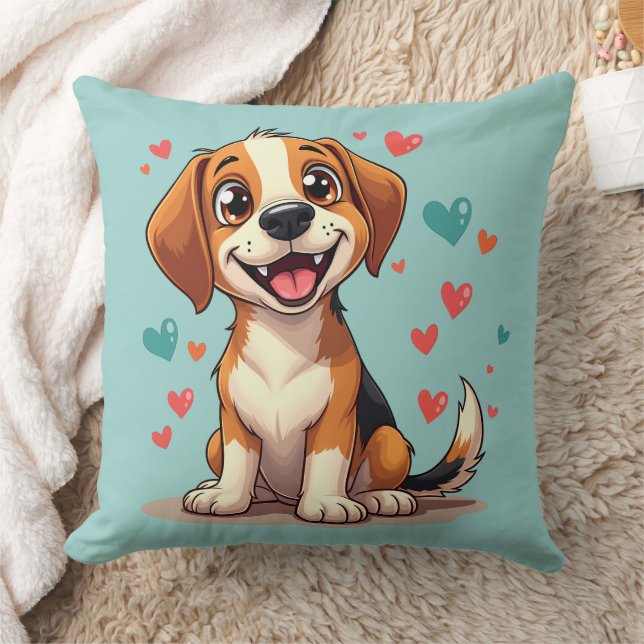 Cute Kawaii Beagle with Hearts Playful Dog Cushion (Blanket)