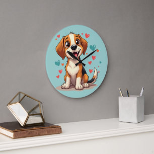 Cute Kawaii Beagle with Hearts Playful Dog Large Clock