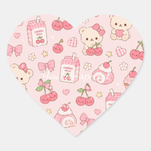Cute Kawaii Bear Cherry Pattern Pink Pastel Heart Sticker