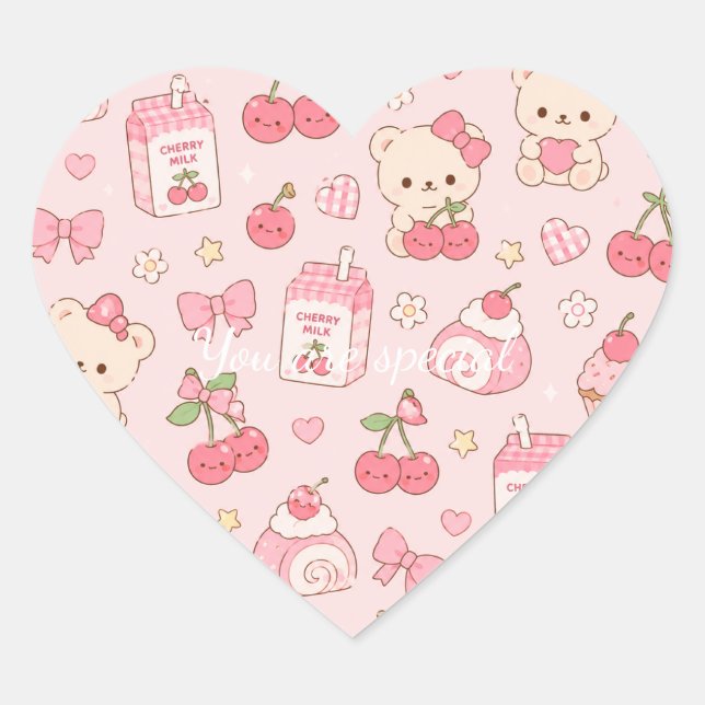 Cute Kawaii Bear Cherry Pattern | Pink Pastel  Heart Sticker (Front)