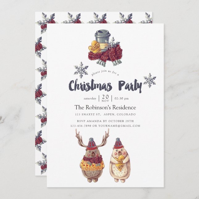 Cute Kawaii Bear Christmas Holiday Party Invitation (Front/Back)