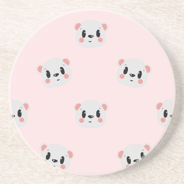 Cute Kawaii Bear Face Pattern on Pastel Pink Coaster (Front)