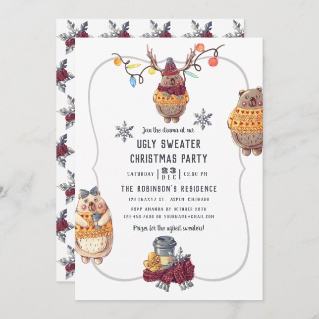 Cute Kawaii Bear Ugly Sweater Christmas Party Invitation (Front/Back)