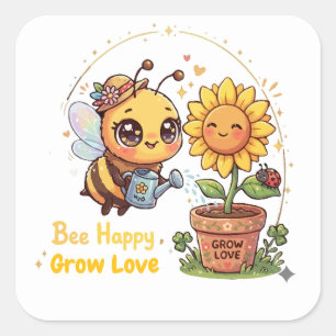 Cute Kawaii Bee Watering Sunflower Bee Happy Grow Square Sticker