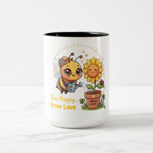 Cute Kawaii Bee Watering Sunflower Bee Happy Grow Two-Tone Coffee Mug