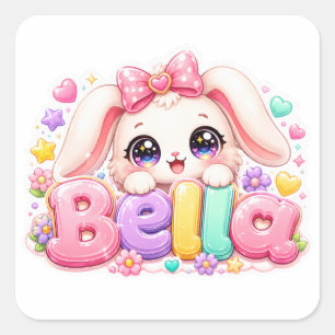 Cute Kawaii Bella Bunny Name Pastel Pink Floral Bu Square Sticker