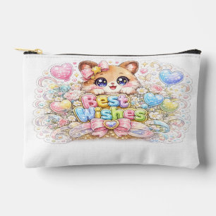Cute Kawaii Best Wishes Cat Pastel Pink Floral Gre Accessory Pouch