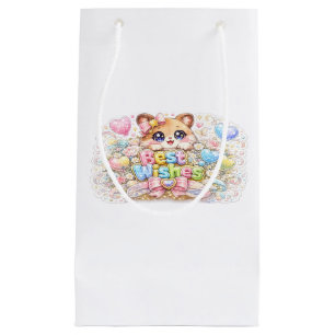 Cute Kawaii Best Wishes Cat Pastel Pink Floral Gre Small Gift Bag