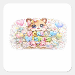 Cute Kawaii Best Wishes Cat Pastel Pink Floral Gre Square Sticker