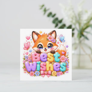 Cute Kawaii Best Wishes Fox Name Pastel Pink Flora Invitation