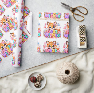 Cute Kawaii Best Wishes Fox Name Pastel Pink Flora Wrapping Paper