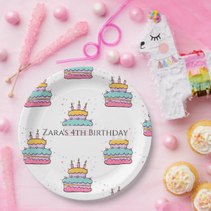 Cute Kawaii Birthday Cake Pink & Teal Party Plates