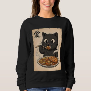 Cute Kawaii Black Cat Eating Japanese Katsu Curry Sweatshirt