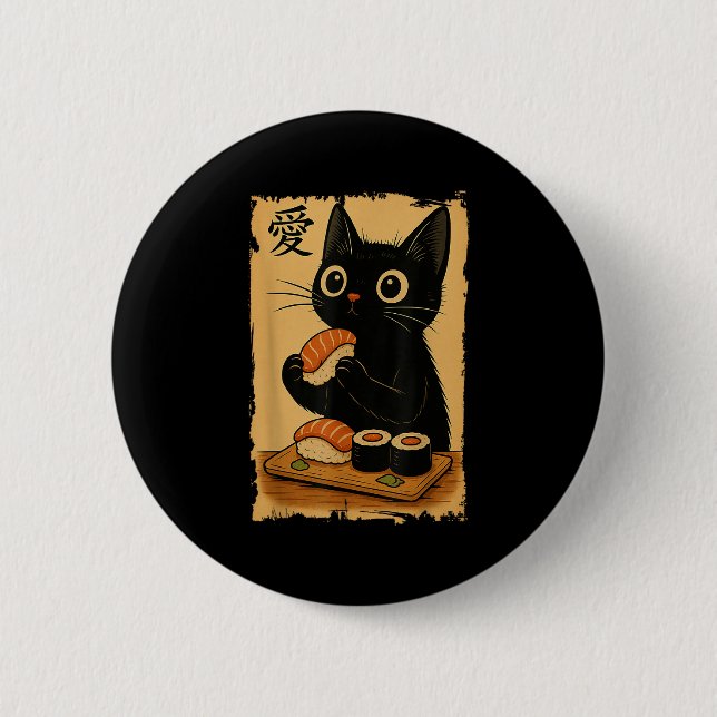 Cute Kawaii Black Cat Eating Sushi Funny Japanese  6 Cm Round Badge (Front)