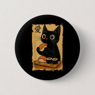 Cute Kawaii Black Cat Eating Sushi Funny Japanese 6 Cm Round Badge