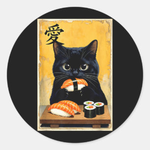 Cute Kawaii Black Cat Eating Sushi Funny Japanese Classic Round Sticker