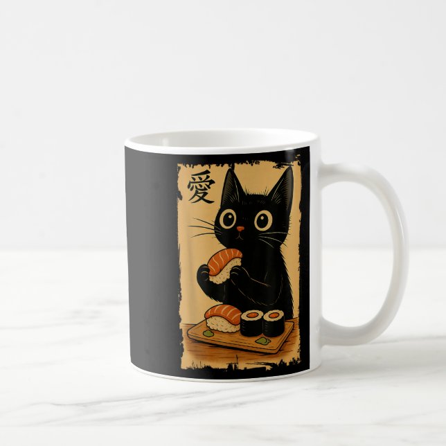 Cute Kawaii Black Cat Eating Sushi Funny Japanese  Coffee Mug (Right)