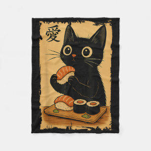 Cute Kawaii Black Cat Eating Sushi Funny Japanese  Fleece Blanket