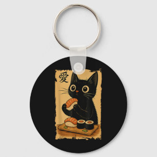 Cute Kawaii Black Cat Eating Sushi Funny Japanese Key Ring