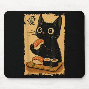 Cute Kawaii Black Cat Eating Sushi Funny Japanese  Mouse Pad