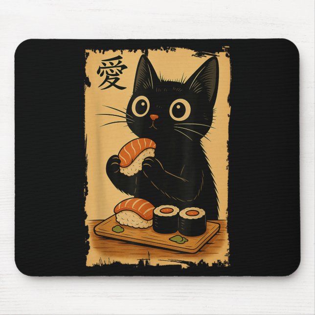 Cute Kawaii Black Cat Eating Sushi Funny Japanese  Mouse Pad (Front)