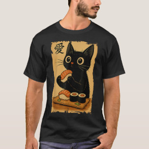Cute Kawaii Black Cat Eating Sushi Funny Japanese T-Shirt