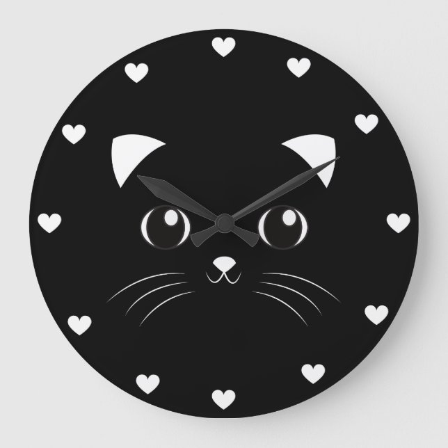 Cute Kawaii Black Cat face outline Large Clock (Front)