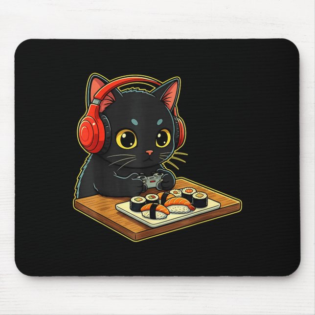 Cute Kawaii Black Cat Funny Sushi Retro Japanese C Mouse Pad (Front)