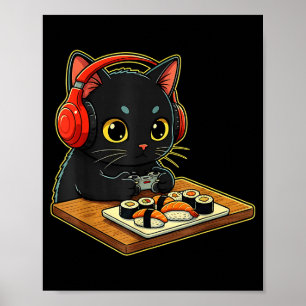 Cute Kawaii Black Cat Funny Sushi Retro Japanese C Poster
