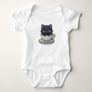 Cute Kawaii Black Cat in Vintage Teacup Baby  Bodysuit