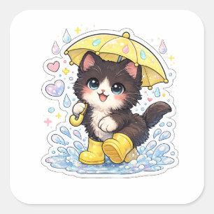 Cute Kawaii Black & White Kitten with Umbrella Square Sticker