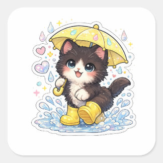 Cute Kawaii Black & White Kitten with Umbrella Square Sticker