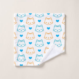 Cute Kawaii blue and Orange Cat Faces Pattern Wash Cloth