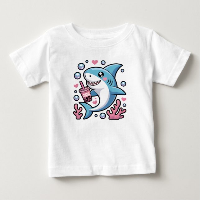 Cute Kawaii Blue Happy Shark Pink Bubble Tea Baby T-Shirt (Front)