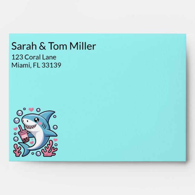 Cute Kawaii Blue Shark Baby Shower Bubble Tea Envelope (Front)