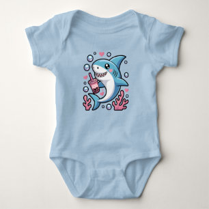 Cute Kawaii Blue Shark Pink Bubble Tea Baby Bodysuit