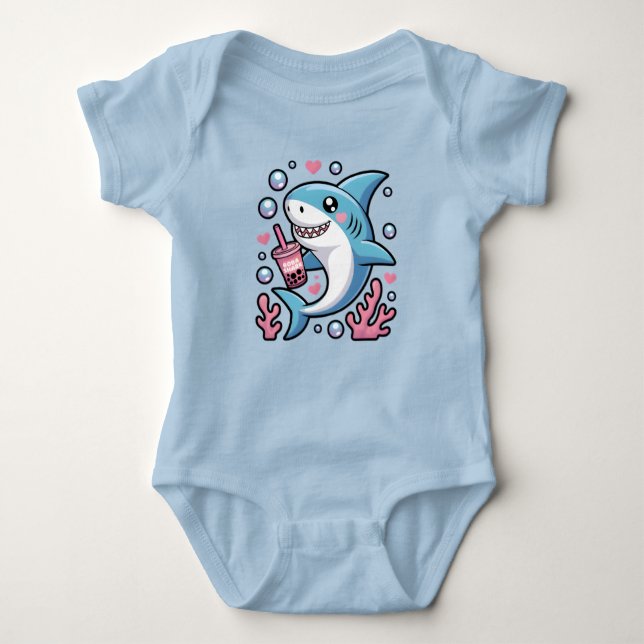 Cute Kawaii Blue Shark Pink Bubble Tea Baby Bodysuit (Front)