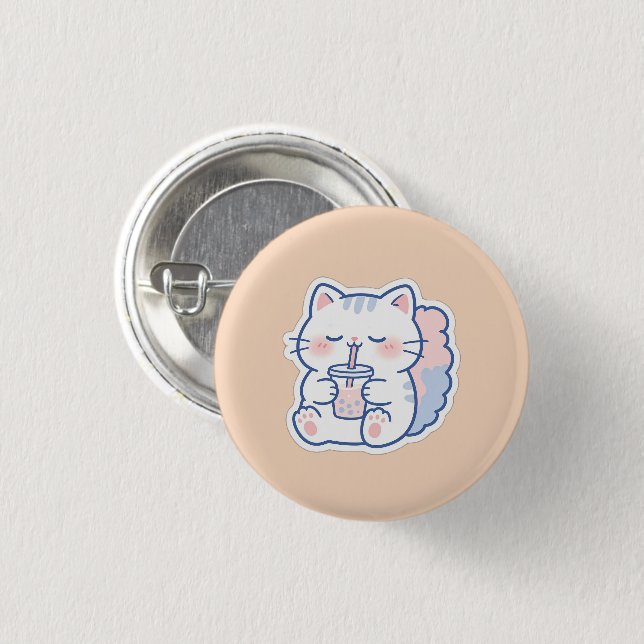 Cute Kawaii Boba Cat Bubble Tea Pinback Button (Front & Back)
