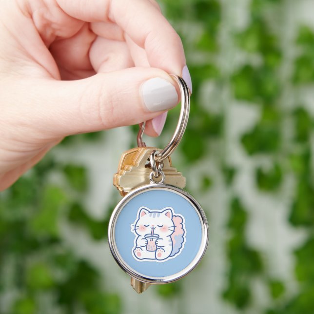Cute Kawaii Boba Cat Bubble Tea Round Keychain (Hand)