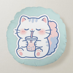 Cute Kawaii Boba Cat Bubble Tea Round Throw Pillow