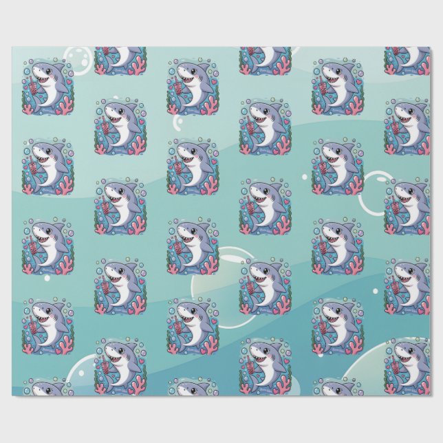 Cute Kawaii Boba Shark Ocean Vibes Pattern Wrapping Paper (Flat)