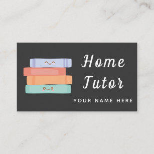 Cute Kawaii Books Home Tutor Teacher Simple Grey Business Card